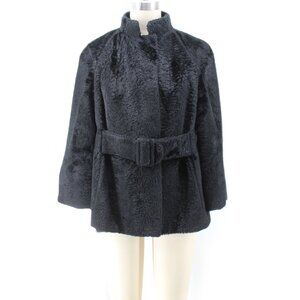 VTG 50s 60s Faux Fur Jacket Black Belted Satin Lined Stand Collar Swing Coat M